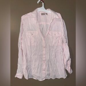 Ladies Chico’s Soft Pink Button Down Dress Shirt sz L 12 Roll and Button Sleeves